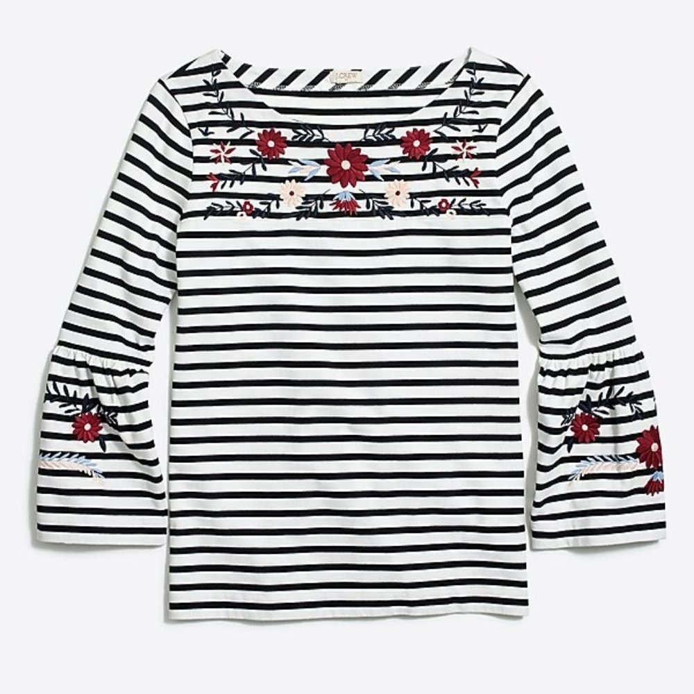 J Crew Embroidered striped bell-sleeve tee